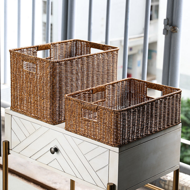 Handcrafted Rectangular Wicker Storage Bin with Cut-Out Handles