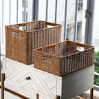 Handcrafted Rectangular Wicker Storage Bin with Cut-Out Handles