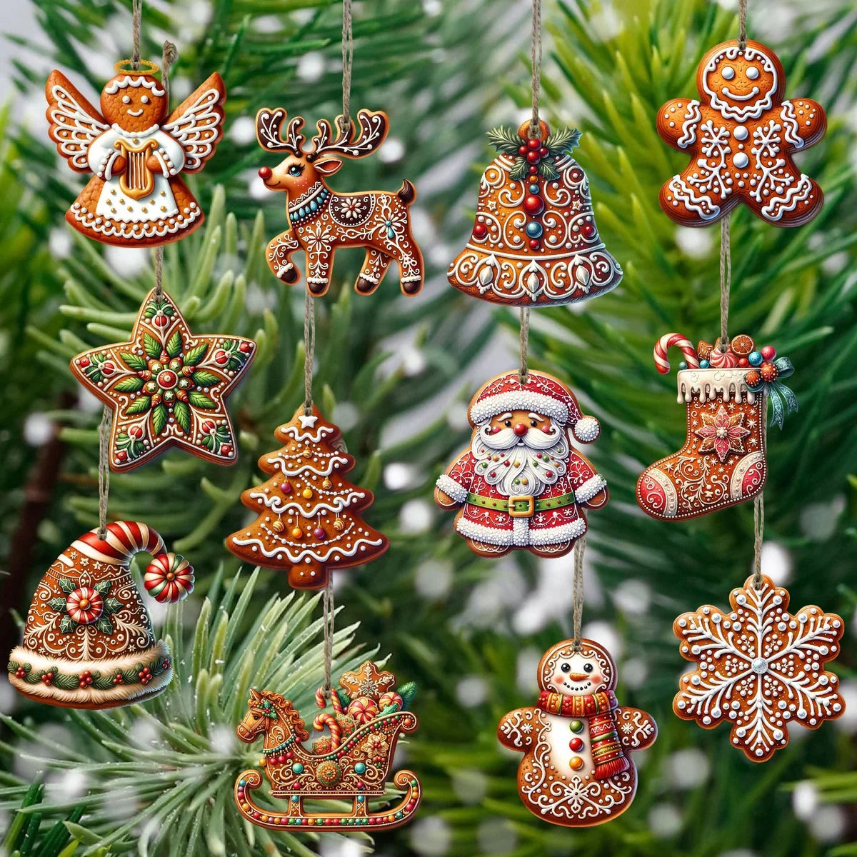 Handcrafted Wooden Christmas Ornaments, Set of 12