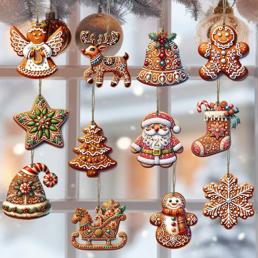 Handcrafted Wooden Christmas Ornaments, Set of 12