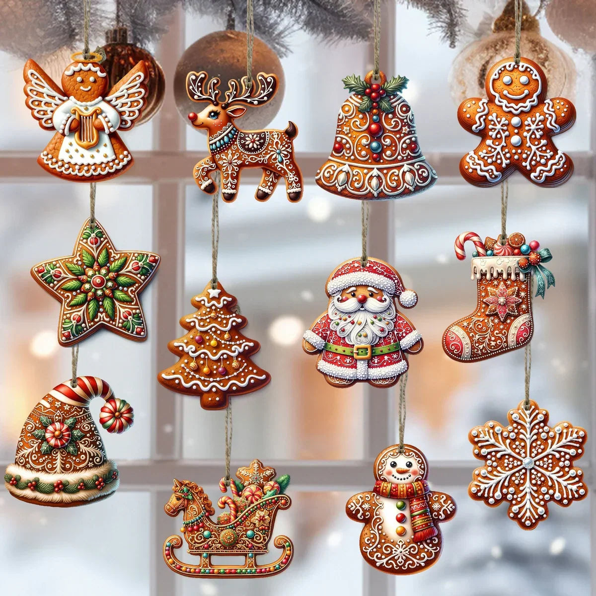 Handcrafted Wooden Christmas Ornaments, Set of 12