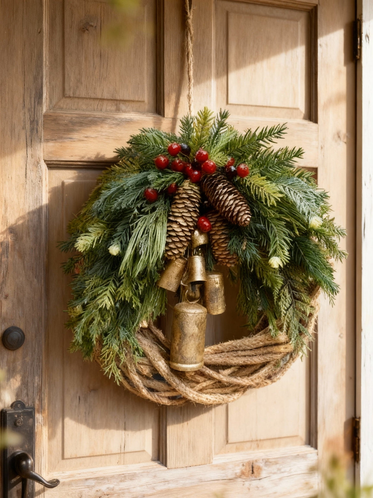 Handmade Bohemian Winter Wreath with Bells, Pinecones & Berries, 43 cm