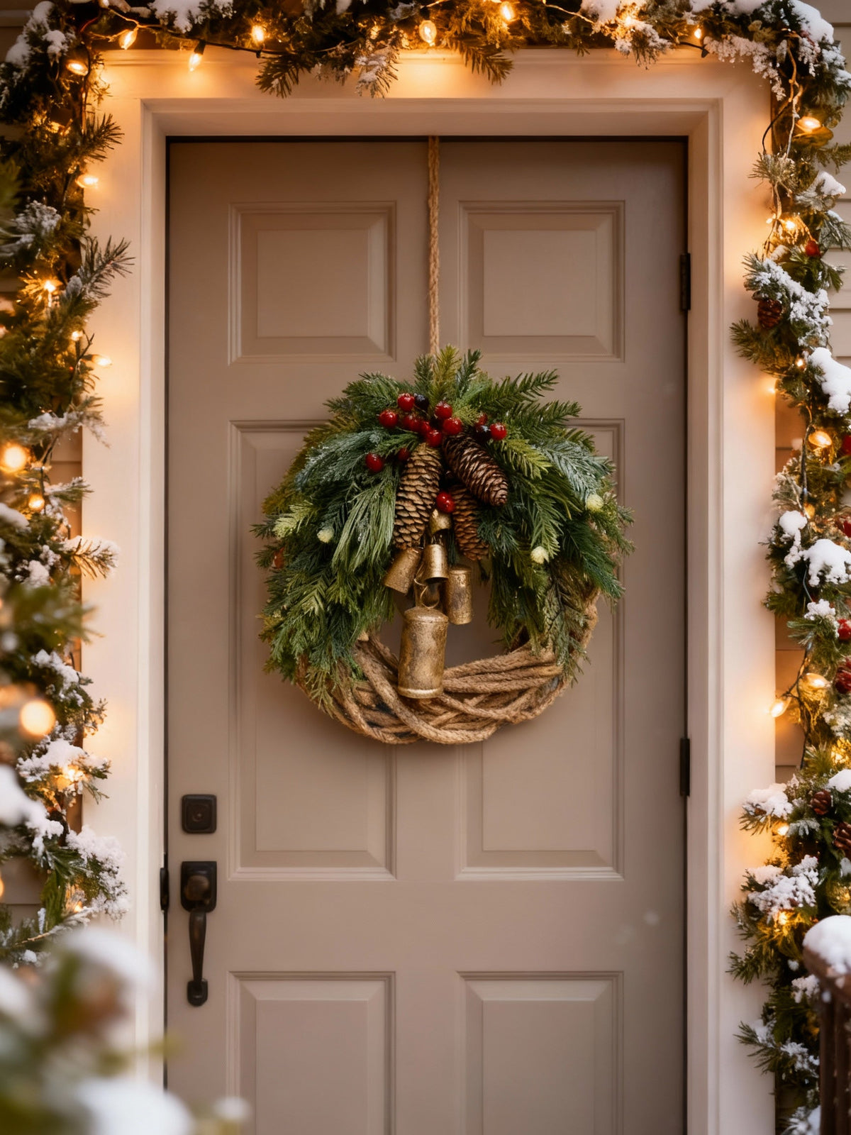 Handmade Bohemian Winter Wreath with Bells, Pinecones & Berries, 43 cm