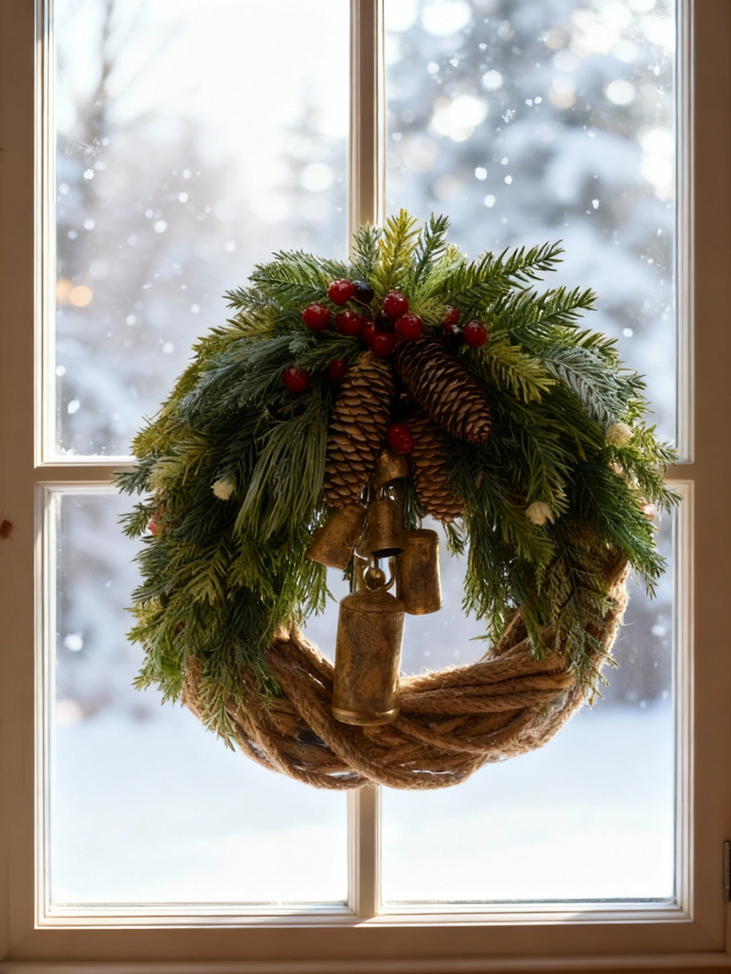 Handmade Bohemian Winter Wreath with Bells, Pinecones & Berries, 43 cm
