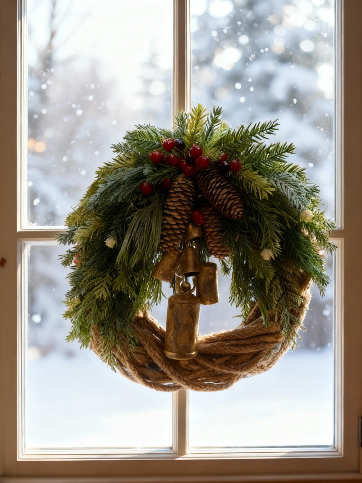 Handmade Bohemian Winter Wreath with Bells, Pinecones & Berries, 43 cm