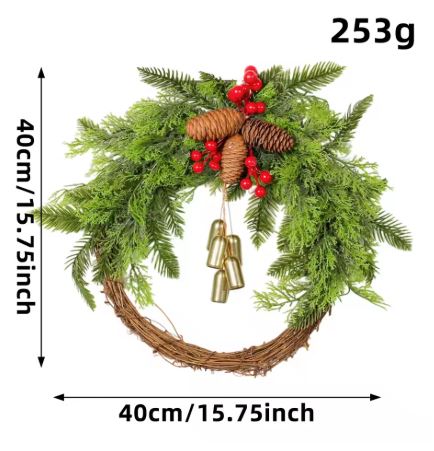 Handmade Bohemian Winter Wreath with Bells, Pinecones & Berries, 43 cm