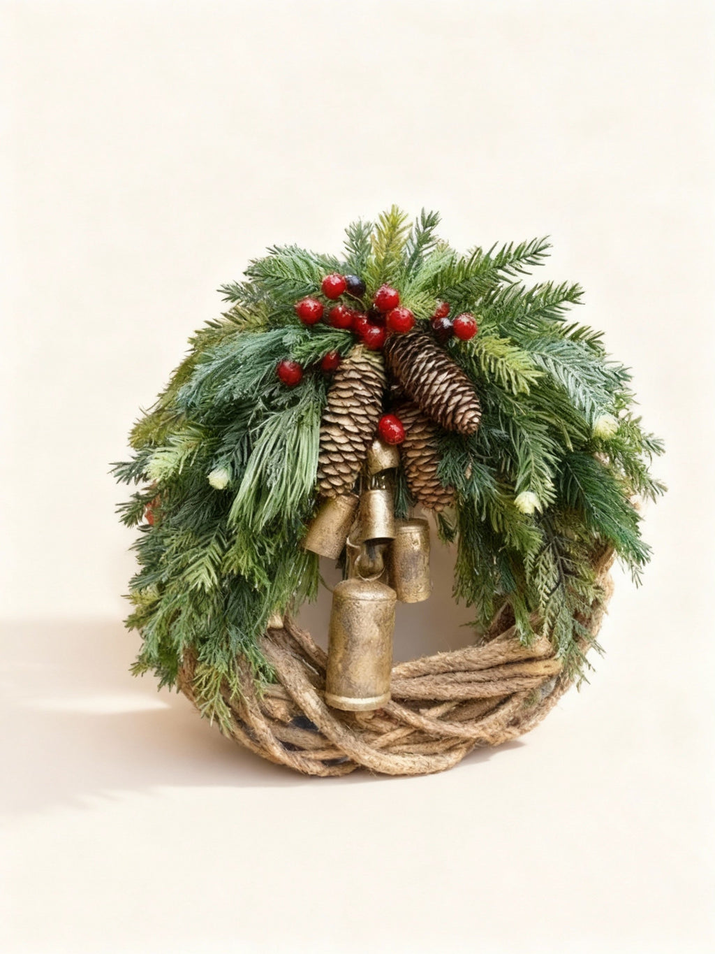 Handmade Bohemian Winter Wreath with Bells, Pinecones & Berries, 43 cm