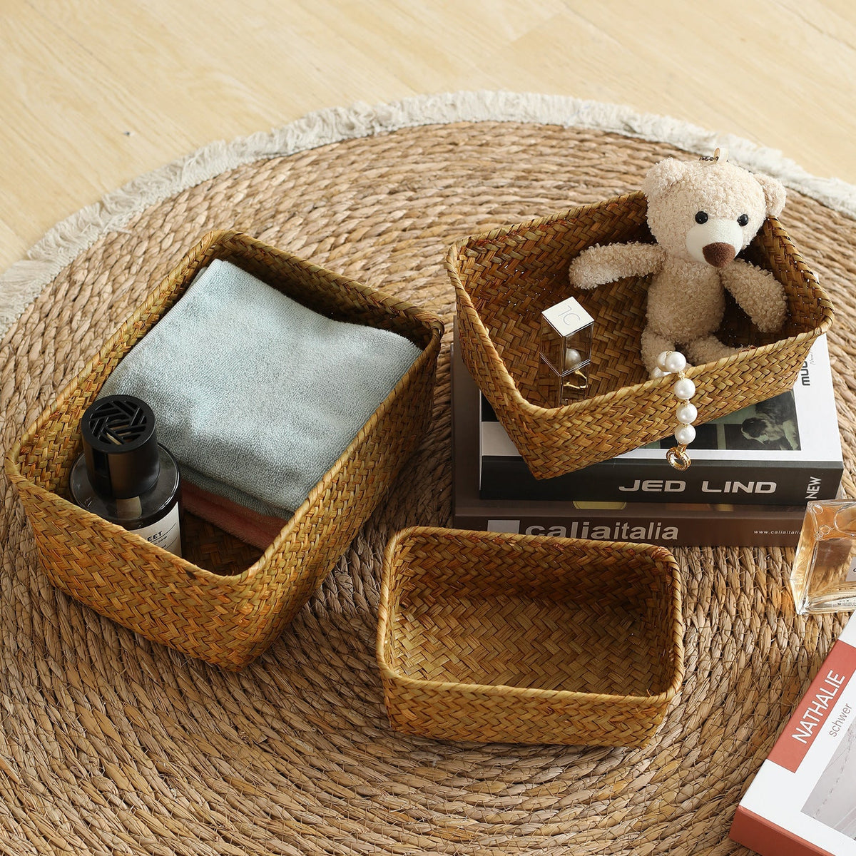 Handwoven Natural Fibre Storage Basket, 17 x 11 x 6 cm to 23 x 17 x 10 cm
