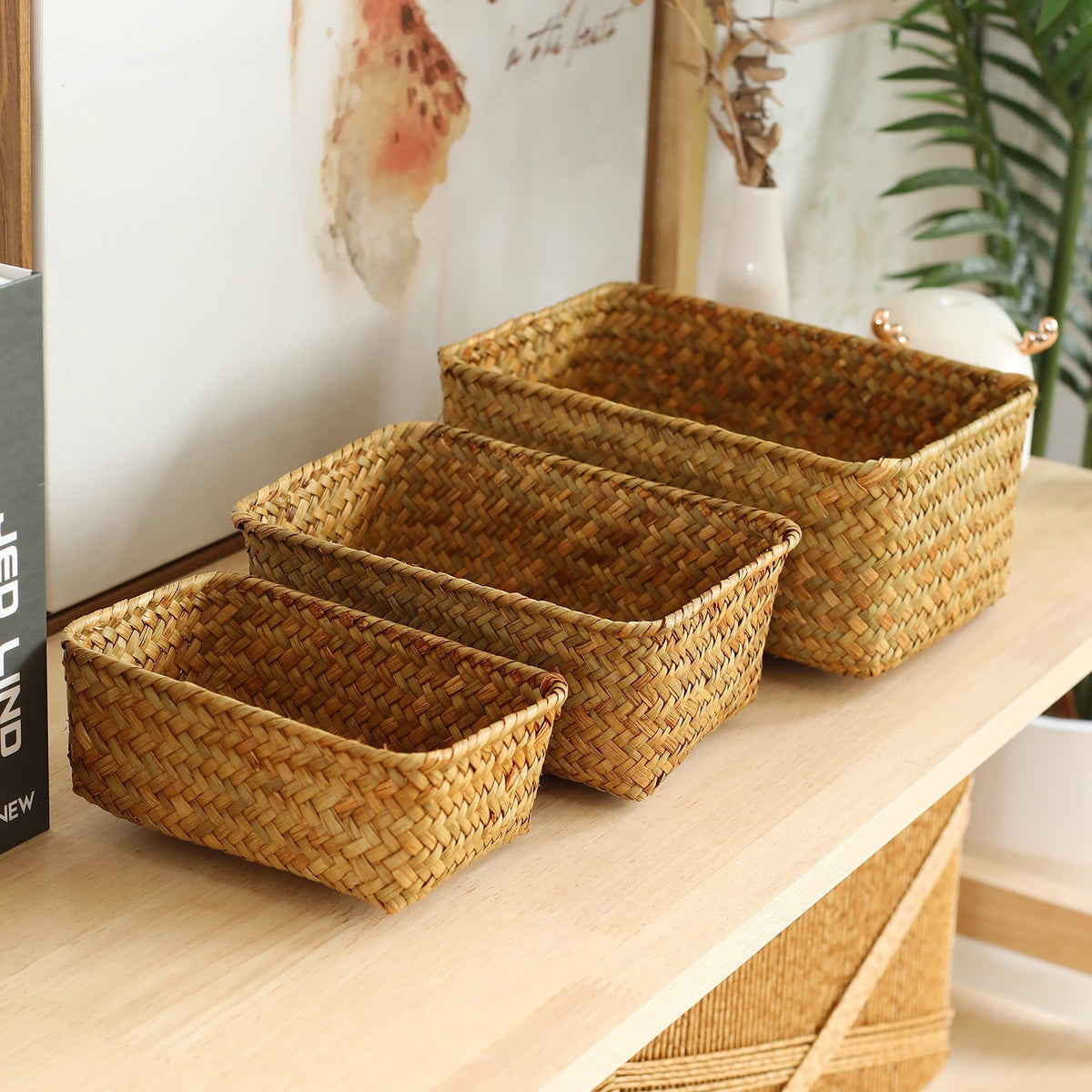 Handwoven Natural Fibre Storage Basket, 17 x 11 x 6 cm to 23 x 17 x 10 cm