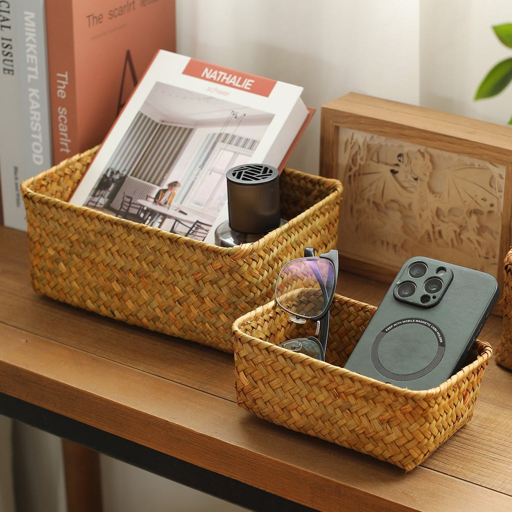 Handwoven Natural Fibre Storage Basket, 17 x 11 x 6 cm to 23 x 17 x 10 cm