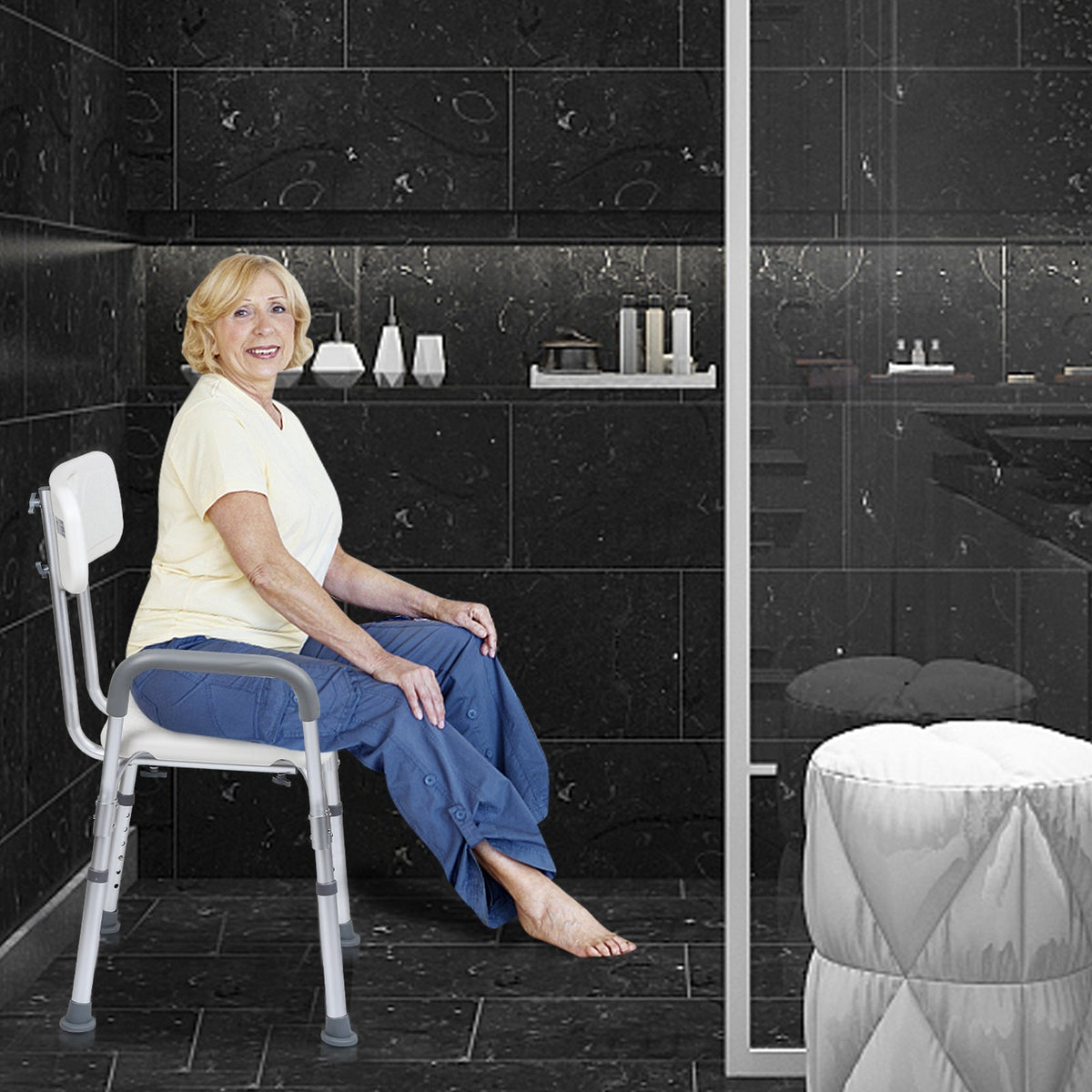 Height-Adjustable Shower Seat with Removable Arms and Backrest