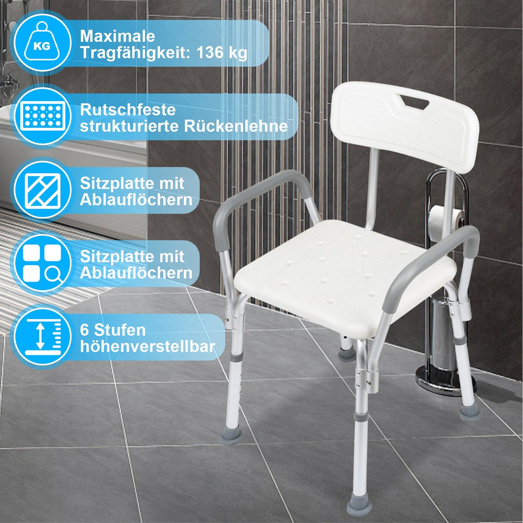 Height-Adjustable Shower Seat with Removable Arms and Backrest