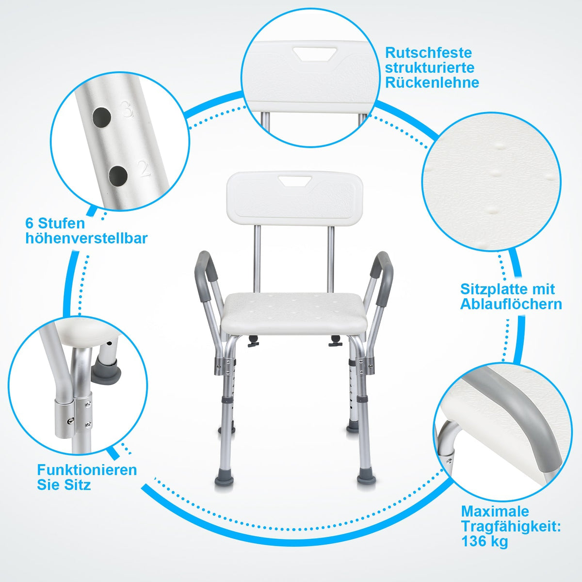 Height-Adjustable Shower Seat with Removable Arms and Backrest