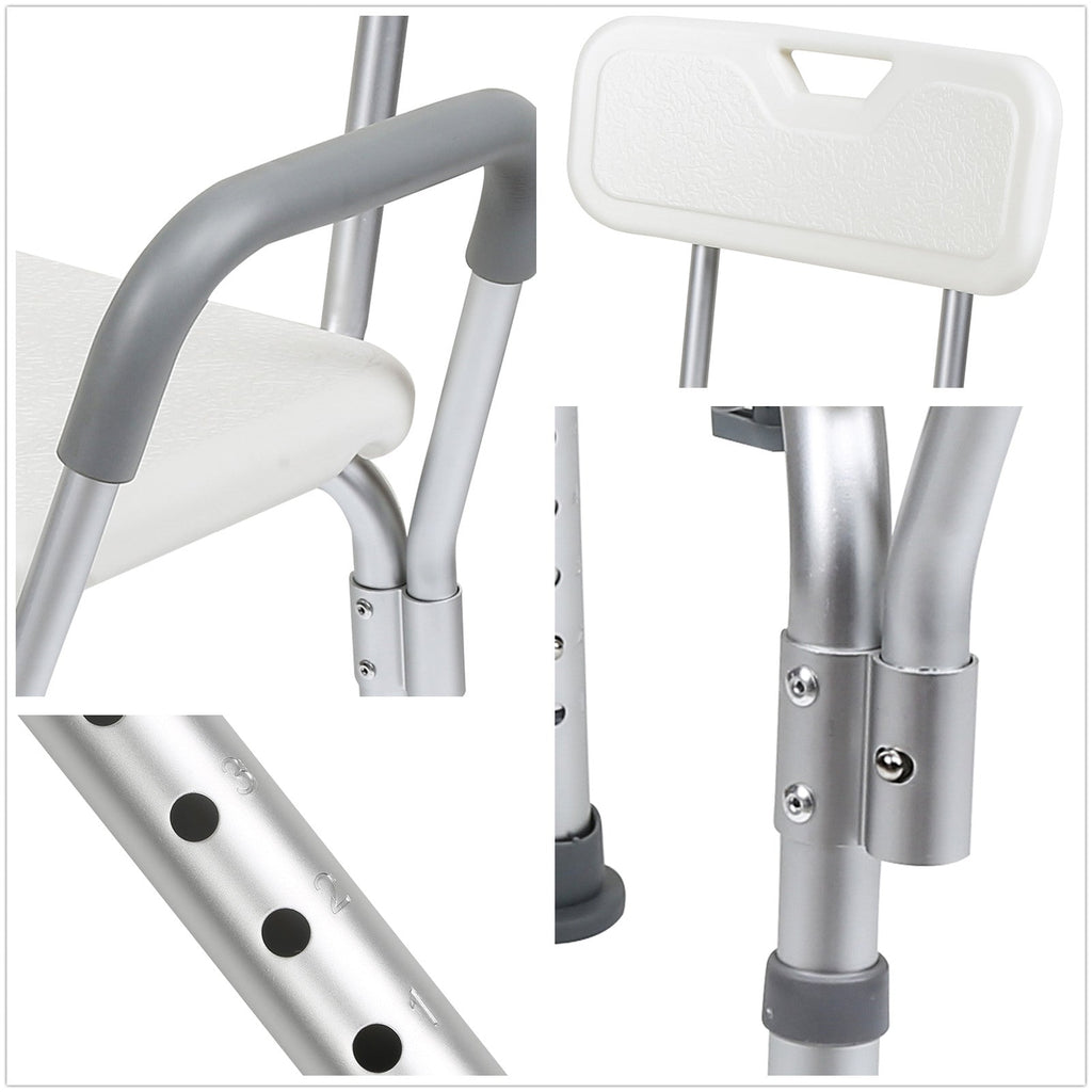 Height-Adjustable Shower Seat with Removable Arms and Backrest