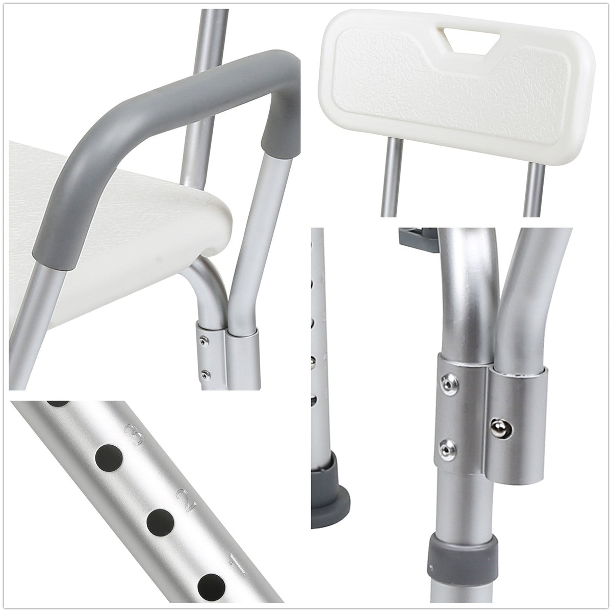 Height-Adjustable Shower Seat with Removable Arms and Backrest