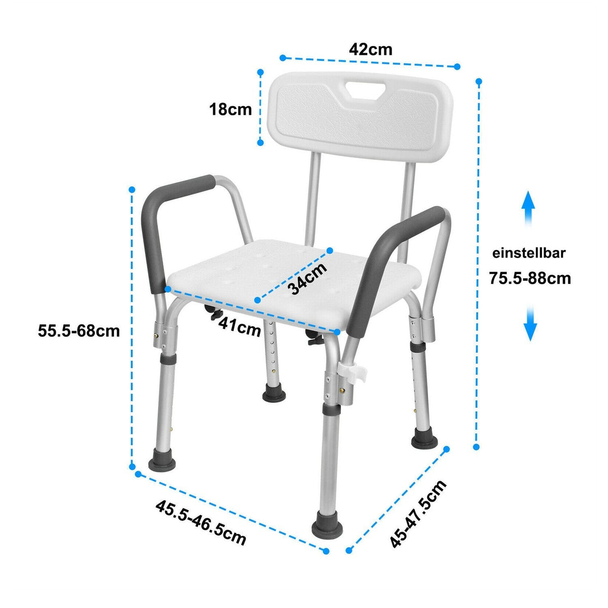 Height-Adjustable Shower Seat with Removable Arms and Backrest