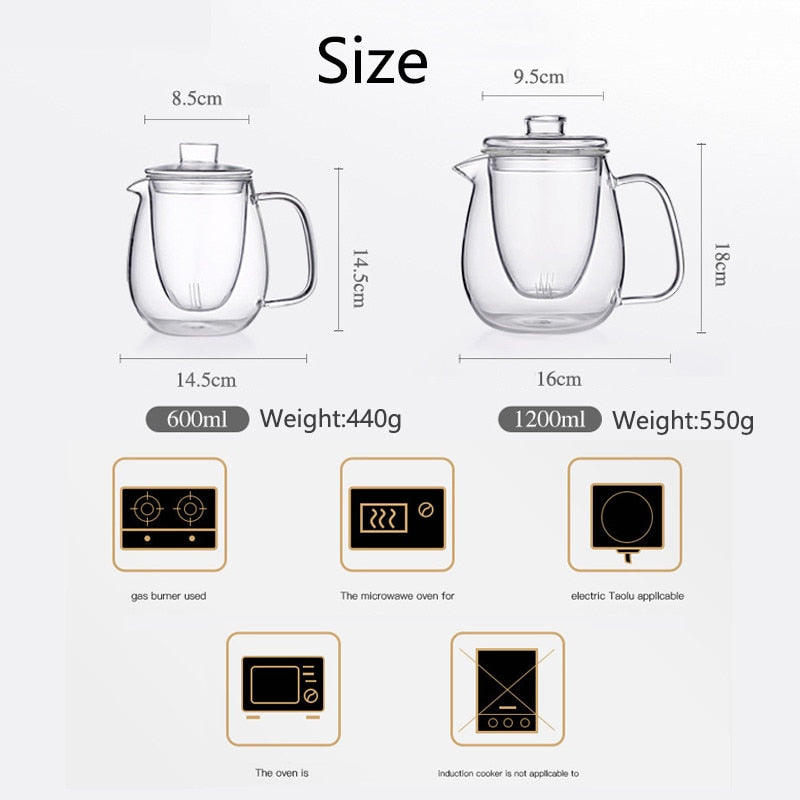 High Borosilicate Glass Teapot with Removable Infuser, Stove-Safe