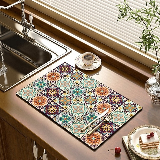 Kitchen Drain Pad Absorbent Drying Mat - Polyester, Floral Pattern, view 11