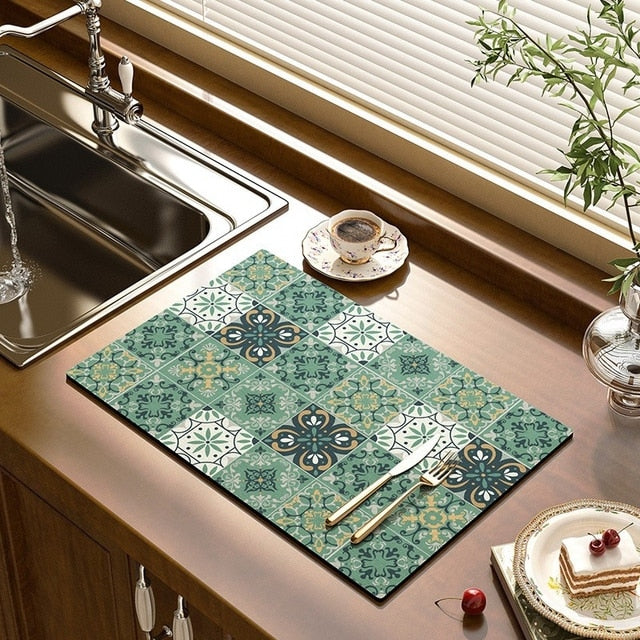 Kitchen Drain Pad Absorbent Drying Mat - Polyester, Floral Pattern, view 12