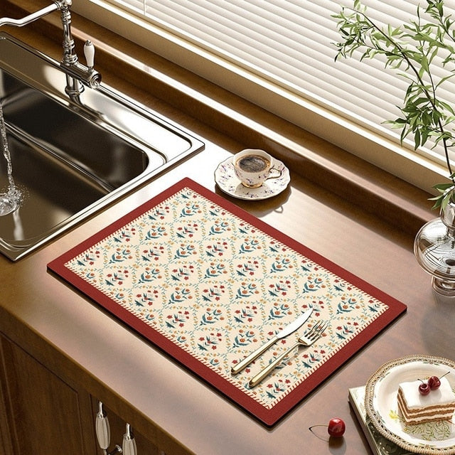 Kitchen Drain Pad Absorbent Drying Mat - Polyester, Floral Pattern, view 13