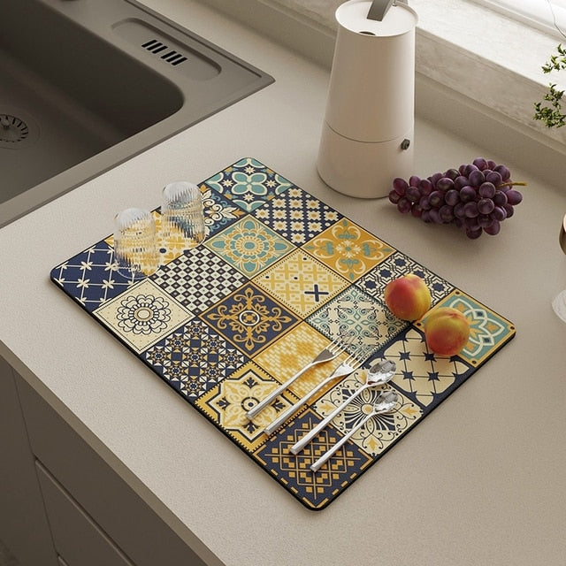 Kitchen Drain Pad Absorbent Drying Mat - Polyester, Floral Pattern, view 15
