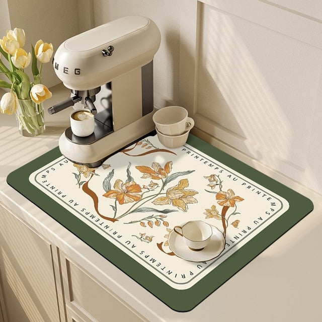 Kitchen Drain Pad Absorbent Drying Mat - Polyester, Floral Pattern, view 19