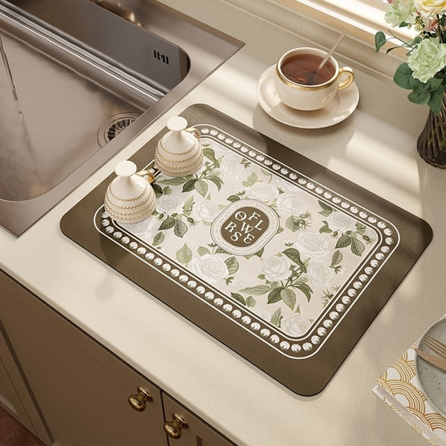 Kitchen Drain Pad Absorbent Drying Mat - Polyester, Floral Pattern, view 20