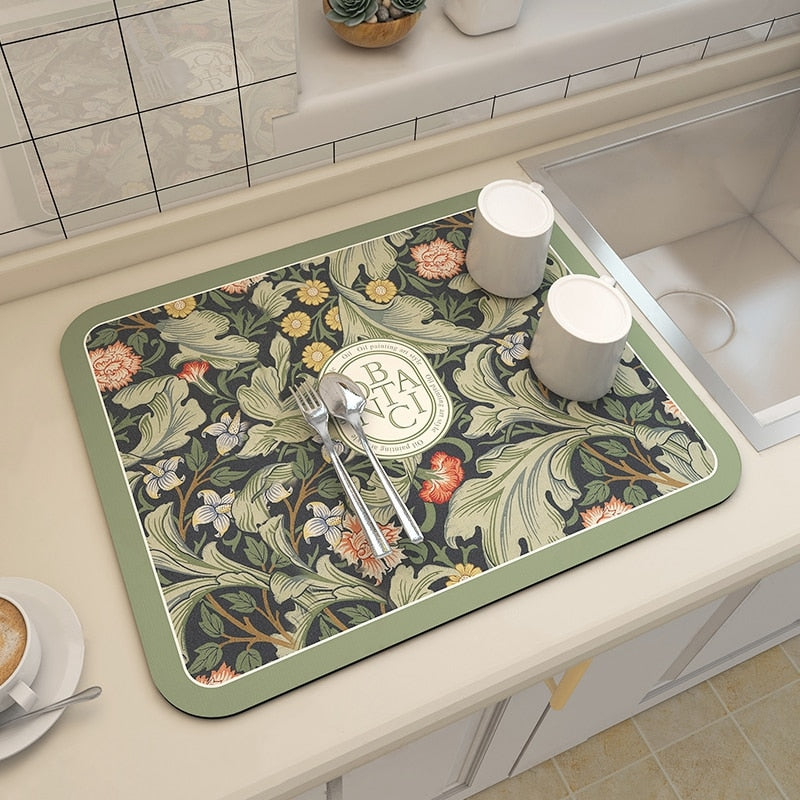 Kitchen Drain Pad Absorbent Drying Mat - Polyester, Floral Pattern, view 3