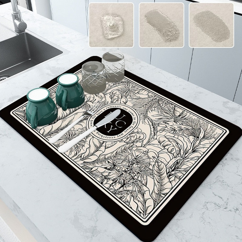 Kitchen Drain Pad Absorbent Drying Mat - Polyester, Floral Pattern