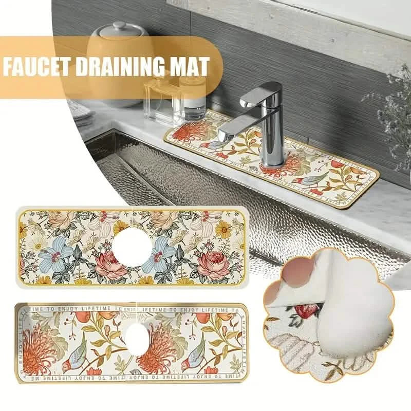 Floral Sink Faucet Absorbent Mat - Leather Surface, 38x13cm, view 11