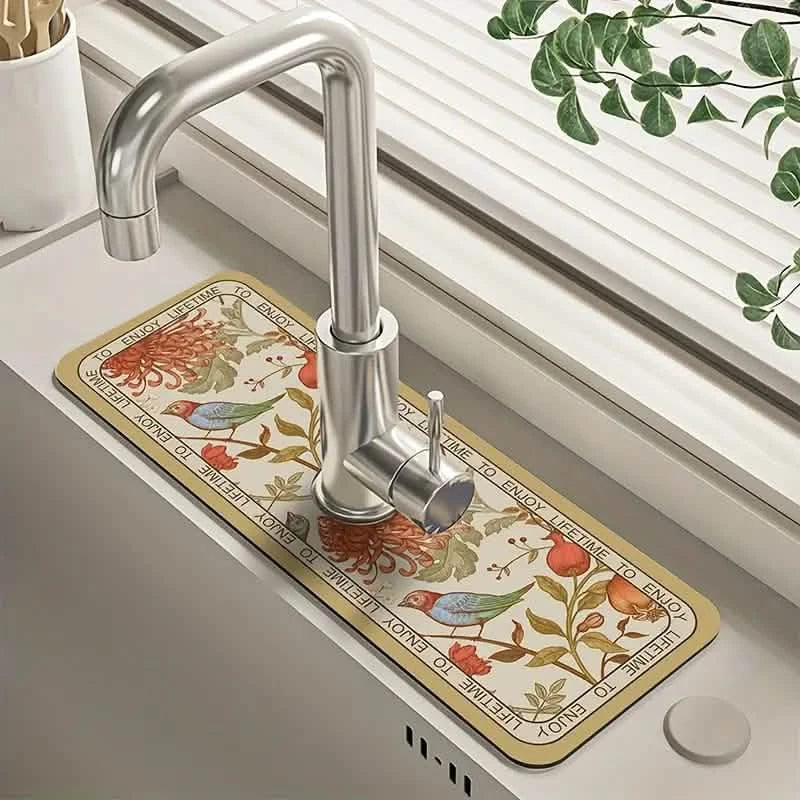 Floral Sink Faucet Absorbent Mat - Leather Surface, 38x13cm, view 5