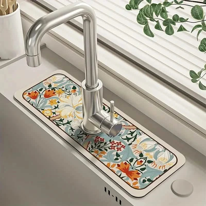 Floral Sink Faucet Absorbent Mat - Leather Surface, 38x13cm, view 6