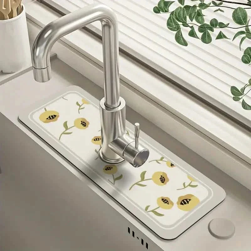 Floral Sink Faucet Absorbent Mat - Leather Surface, 38x13cm, view 7