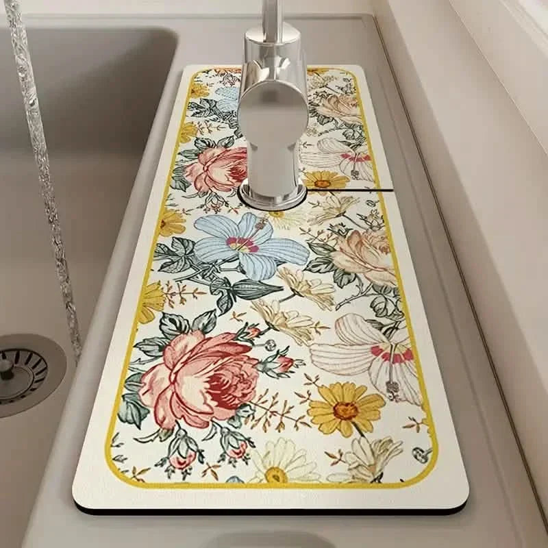 Floral Sink Faucet Absorbent Mat - Leather Surface, 38x13cm, view 8
