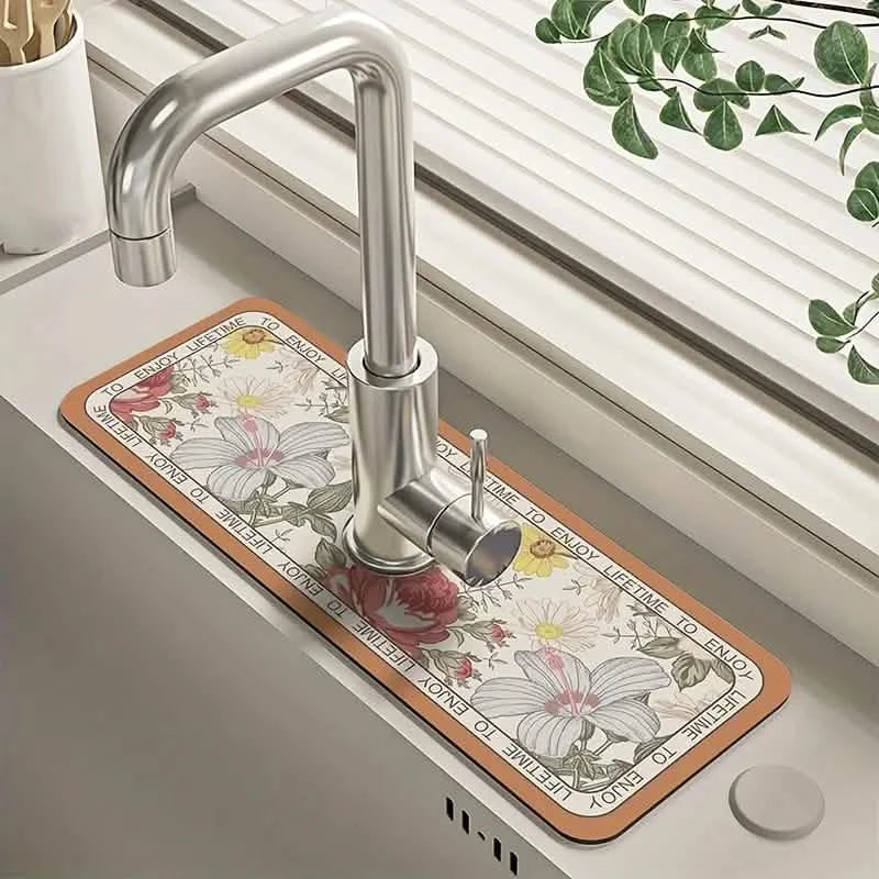 Floral Sink Faucet Absorbent Mat - Leather Surface, 38x13cm