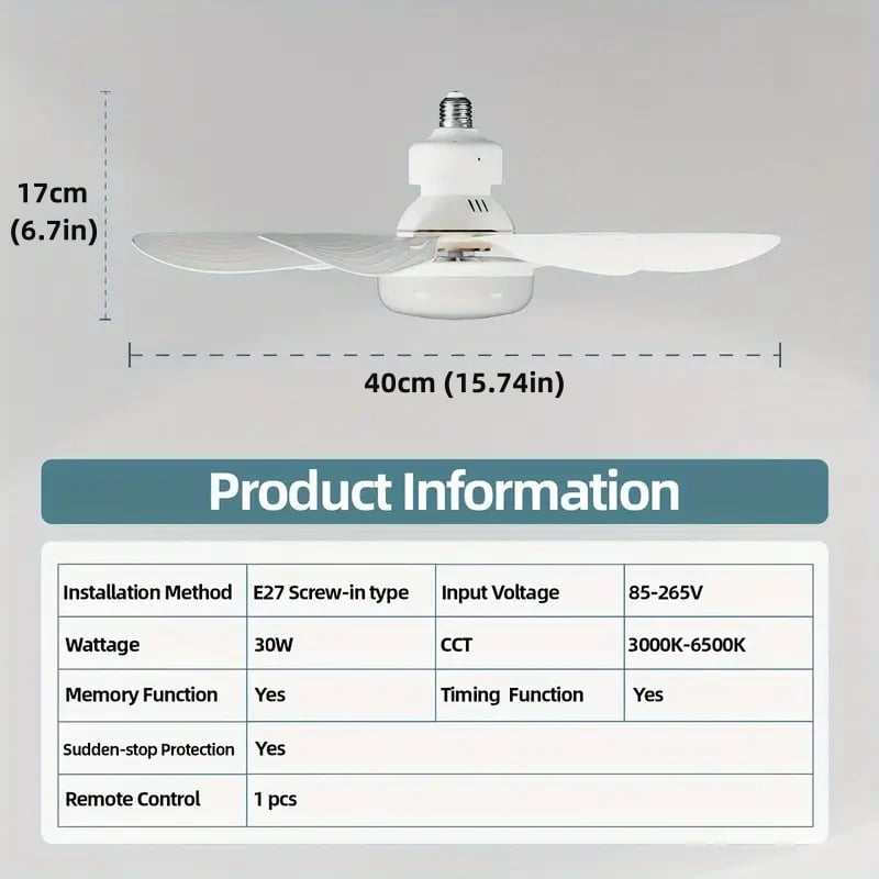 2-in-1 Portable Ceiling Fan and LED Light with Remote - E27 Socket, White, view 10