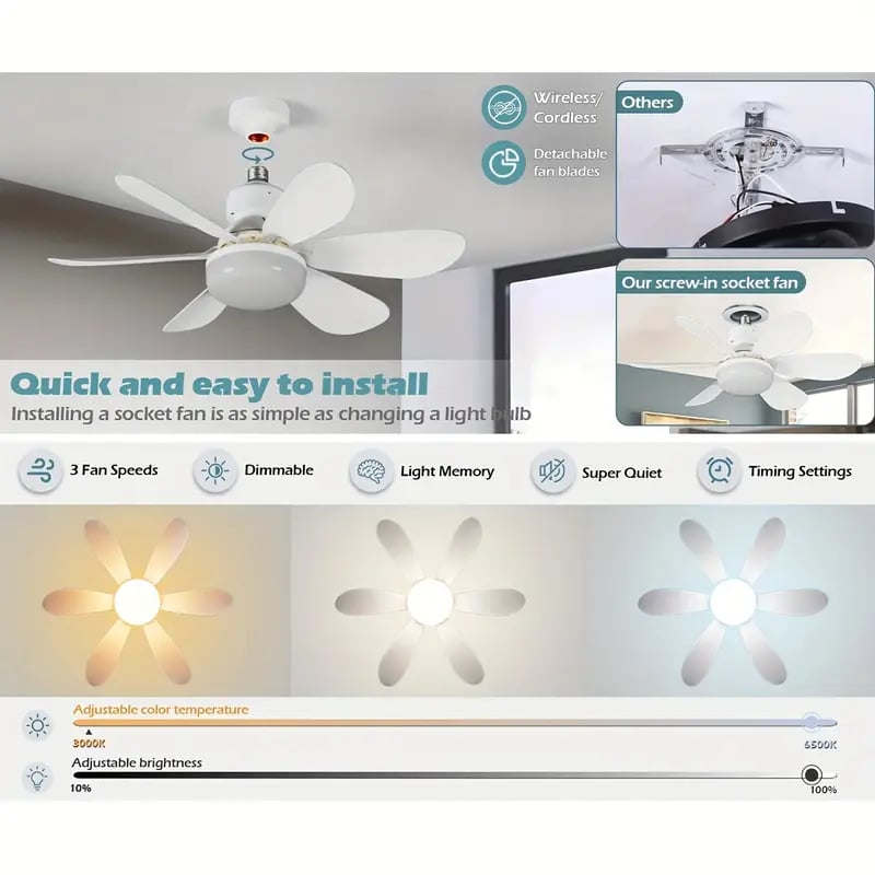 2-in-1 Portable Ceiling Fan and LED Light with Remote - E27 Socket, White, view 9
