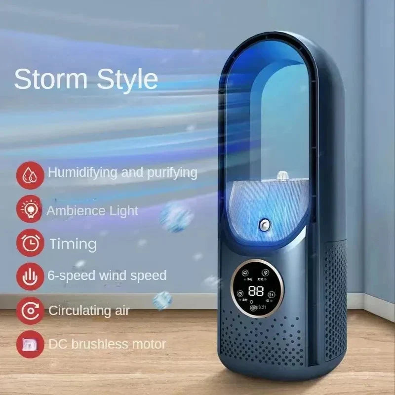 Bladeless Portable Mini Air Conditioner Fan - 6 Speeds, Blue, for Small Rooms