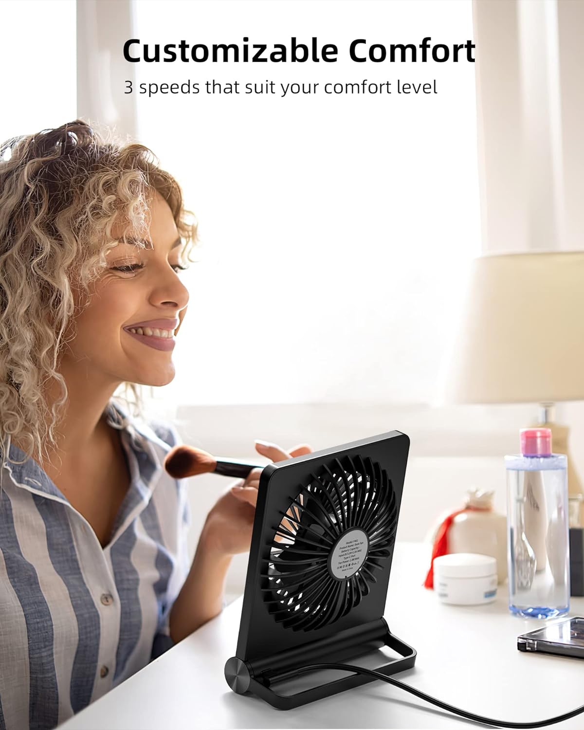 Ultra Quiet Small Desk Fan - USB Powered, 3 Speeds, Black, view 5