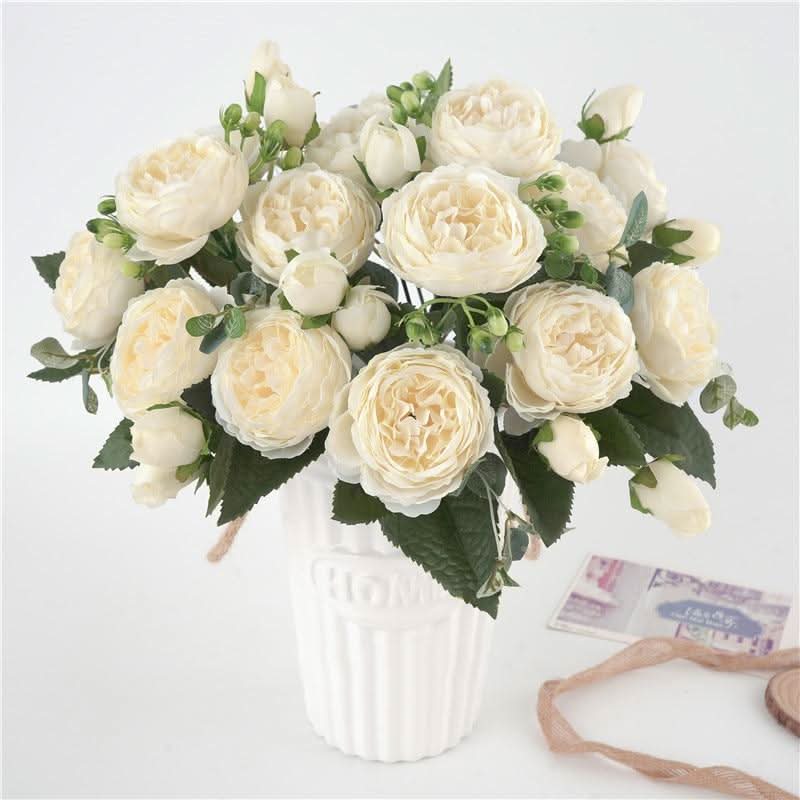 Artificial Peony Bouquet with Blossoms and Buds - Non-Woven Fabric, 30 cm