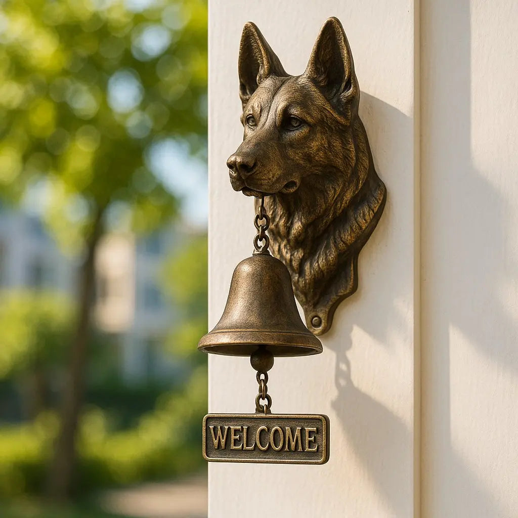 Wall-Mounted Bronze Welcome Bell with German Shepherd Design - 27 x 13 cm