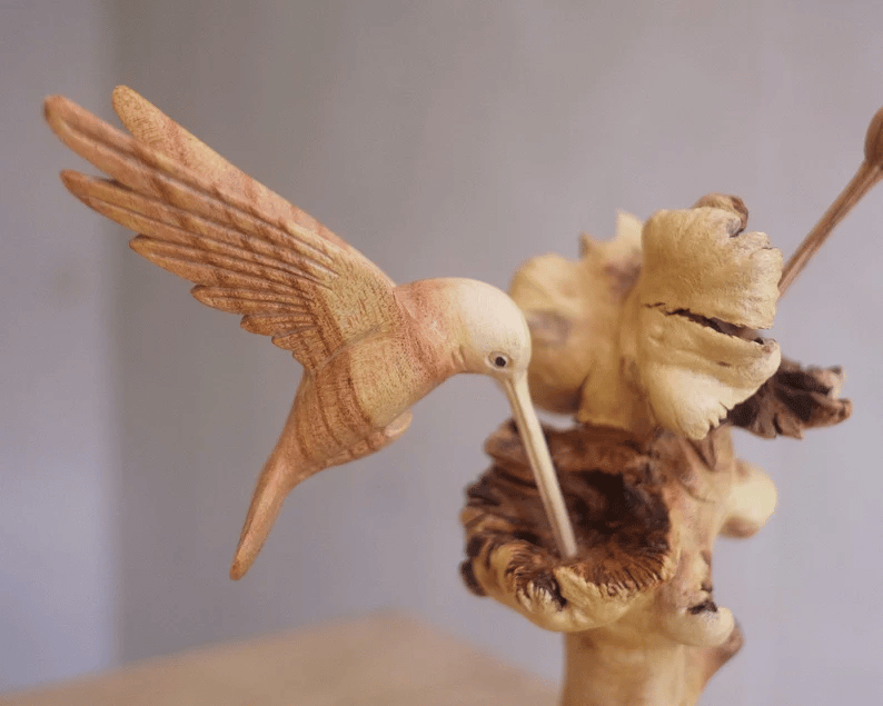 Handmade Hummingbird Feeding on Flower Sculpture - Parasite Wood, Home Decor, view 12