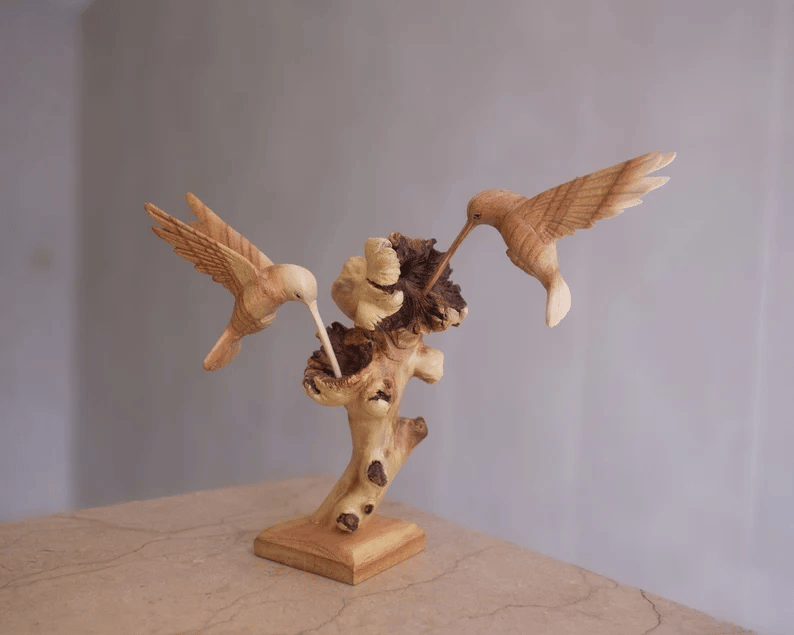 Handmade Hummingbird Feeding on Flower Sculpture - Parasite Wood, Home Decor, view 14