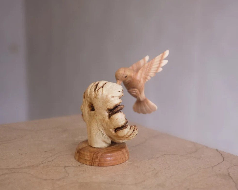 Handmade Hummingbird Feeding on Flower Sculpture - Parasite Wood, Home Decor, view 3