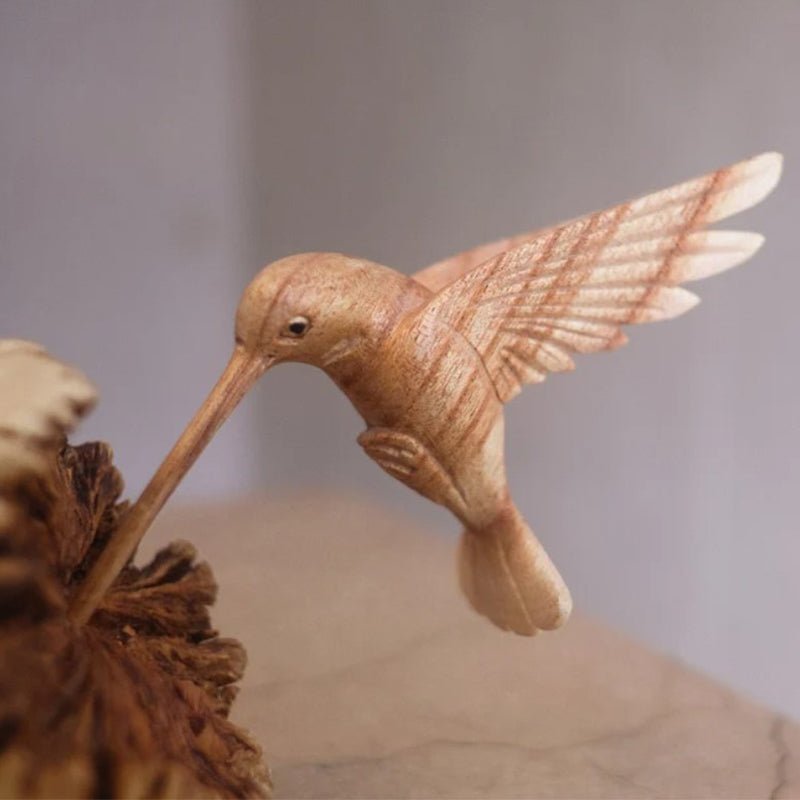 Handmade Hummingbird Feeding on Flower Sculpture - Parasite Wood, Home Decor, view 4