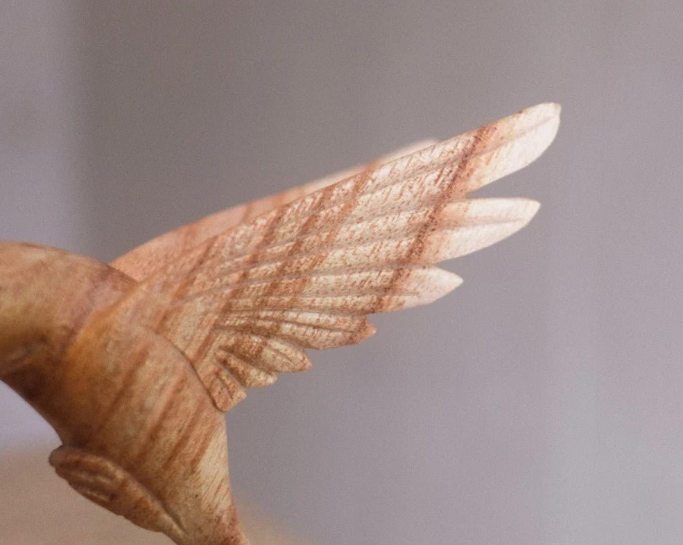 Handmade Hummingbird Feeding on Flower Sculpture - Parasite Wood, Home Decor, view 5