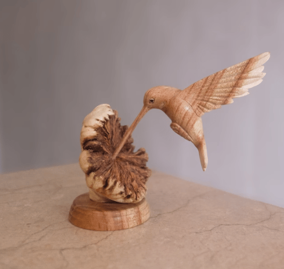 Handmade Hummingbird Feeding on Flower Sculpture - Parasite Wood, Home Decor, view 7