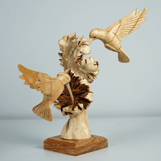 Handmade Hummingbird Feeding on Flower Sculpture - Parasite Wood, Home Decor, view 8
