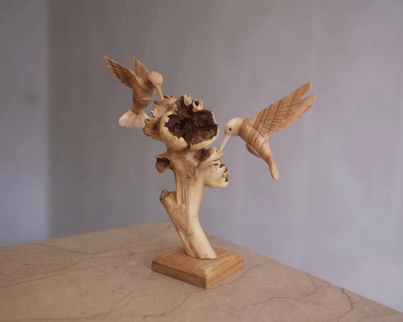 Handmade Hummingbird Feeding on Flower Sculpture - Parasite Wood, Home Decor, view 9