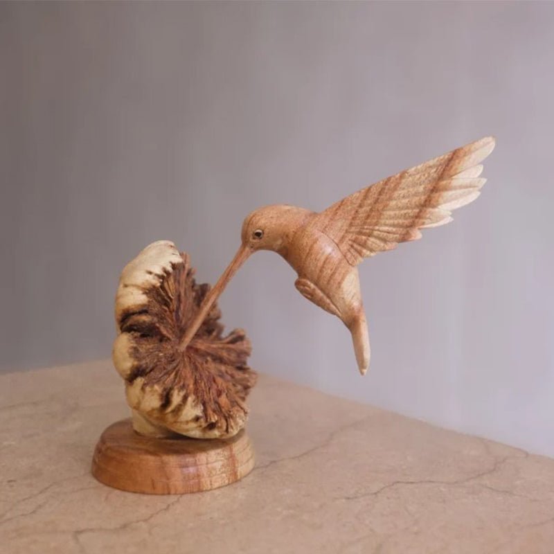Handmade Hummingbird Feeding on Flower Sculpture - Parasite Wood, Home Decor